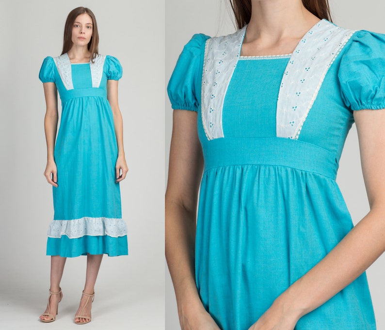 70s Blue & White Prairie Dress Girls Size 12 Vintage Children's Boho Puff Sleeve Maxi Dress image 1