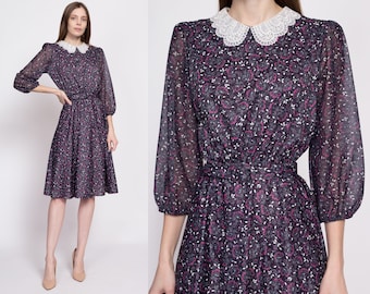 Medium 70s Floral Belted Midi Dress |.  Vintage 3|4 Sleeve Lace Collar Secretary Dress