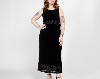 Petite Large 90s Black Velvet Sheer Waist Maxi Dress | Vintage Sleeveless Slinky Cocktail Dress