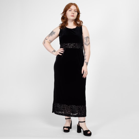 Petite Large 90s Black Velvet Sheer Waist Maxi Dress Petite Large 90s Black Velvet Sheer Waist Maxi Dress