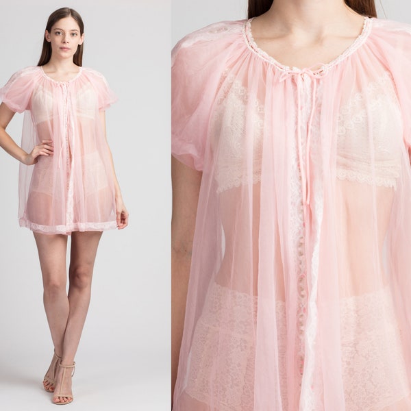 Vintage Pink Lace Trim Mini Peignoir Robe - Small to Medium | 60s 70s Miss Elaine Negligee Dressing Gown