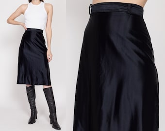 Small 70s Black Satin Side Slit Midi Skirt 26.5" | Vintage Minimalist Shiny High Waisted A Line Skirt