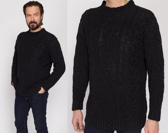 Med-Lrg 90s Express Black Cable Knit Funnel Neck Sweater | Vintage Long Ramie Cotton Handknit Pullover Jumper