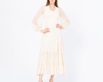 Vestido largo estilo pradera vintage de los años 70 de Gunne Sax color crema con encaje - Talla extra pequeña / Vestido de novia renacentista hippie con mangas abullonadas transparentes estilo boho