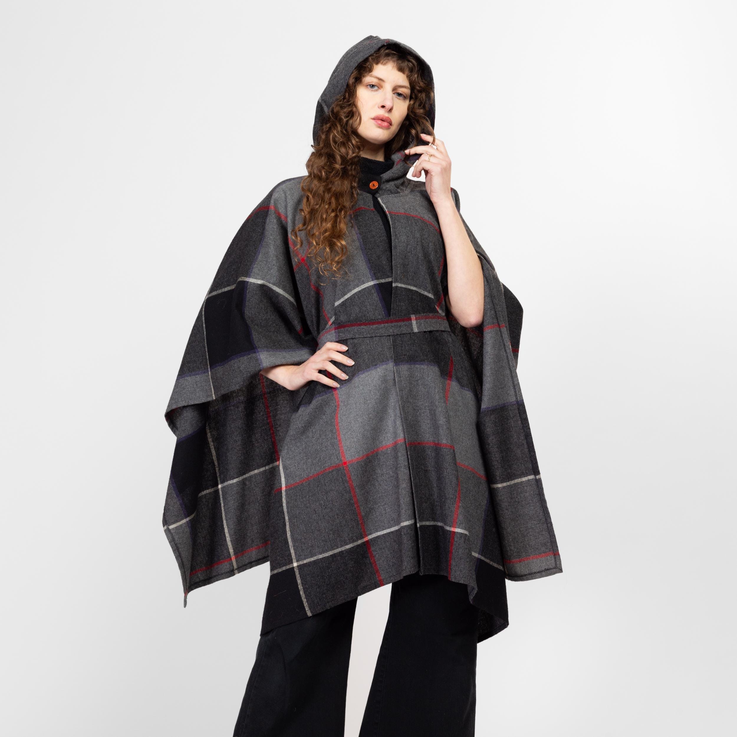 Wool Vintage 80s Poncho, Large Size, Black Cashmere and Wool
