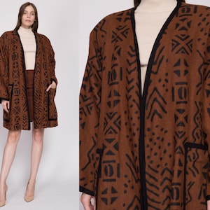 One Size 80s Boho Brown Linen Open Fit Jacket Vintage Fixsun Tribal Print Lightweight Coat image 1