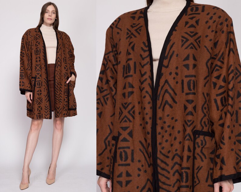 One Size 80s Boho Brown Linen Open Fit Jacket Vintage Fixsun Tribal Print Lightweight Coat image 1