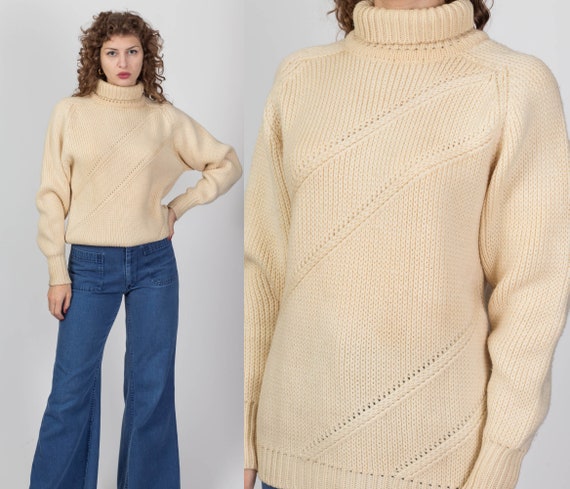 Med lrg 70s Jaeger Cream Wool Turtleneck Sweater Unisex Vintage