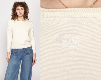 Sm-Med 70s Givenchy Sport Cream Knit Top | Vintage Square Neck Long Sleeve Lightweight Sweater