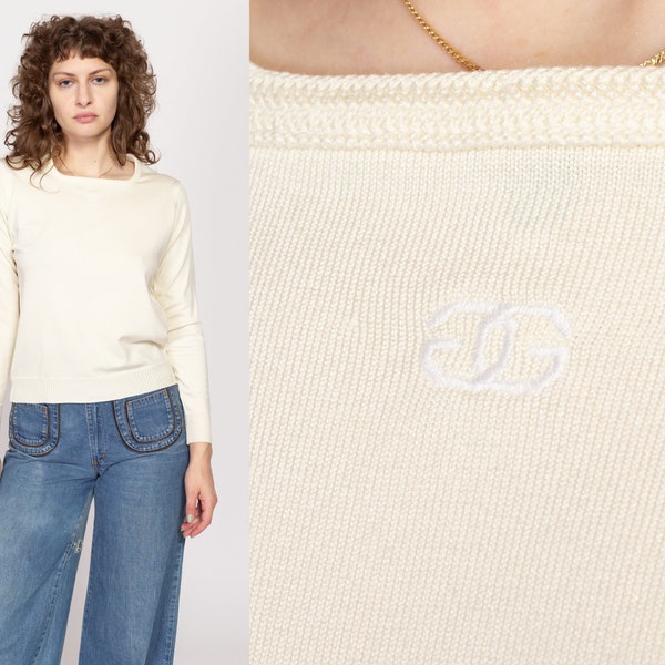 Sm-Med 70s Givenchy Sport Cream Knit Top | Vintage Square Neck Long Sleeve Lightweight Sweater