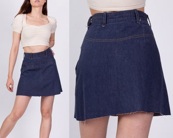 70s Denim A Line Mini Skirt Extra Small, 23.5" | Vintage Dark Wash Boho Cut Off Jean Skirt