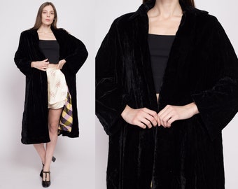 1930s Black Silk Velvet Plaid Lined Opera Coat Large | Vintage 30s 40s Gothic Evening Wear Swing Jacket