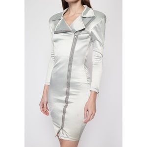 XS-Sm 80s Futuristic Silver Bodycon Dress Vintage Shiny Long Sleeve Zip Up Collared Mini Dress image 6