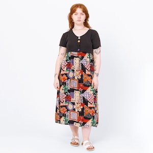 Vintage 90s Patchwork Floral Midi Dress – Large | Ribbed Bodice Rayon Grunge Dress, Boho Short Sleeve Artsy Summer Dress