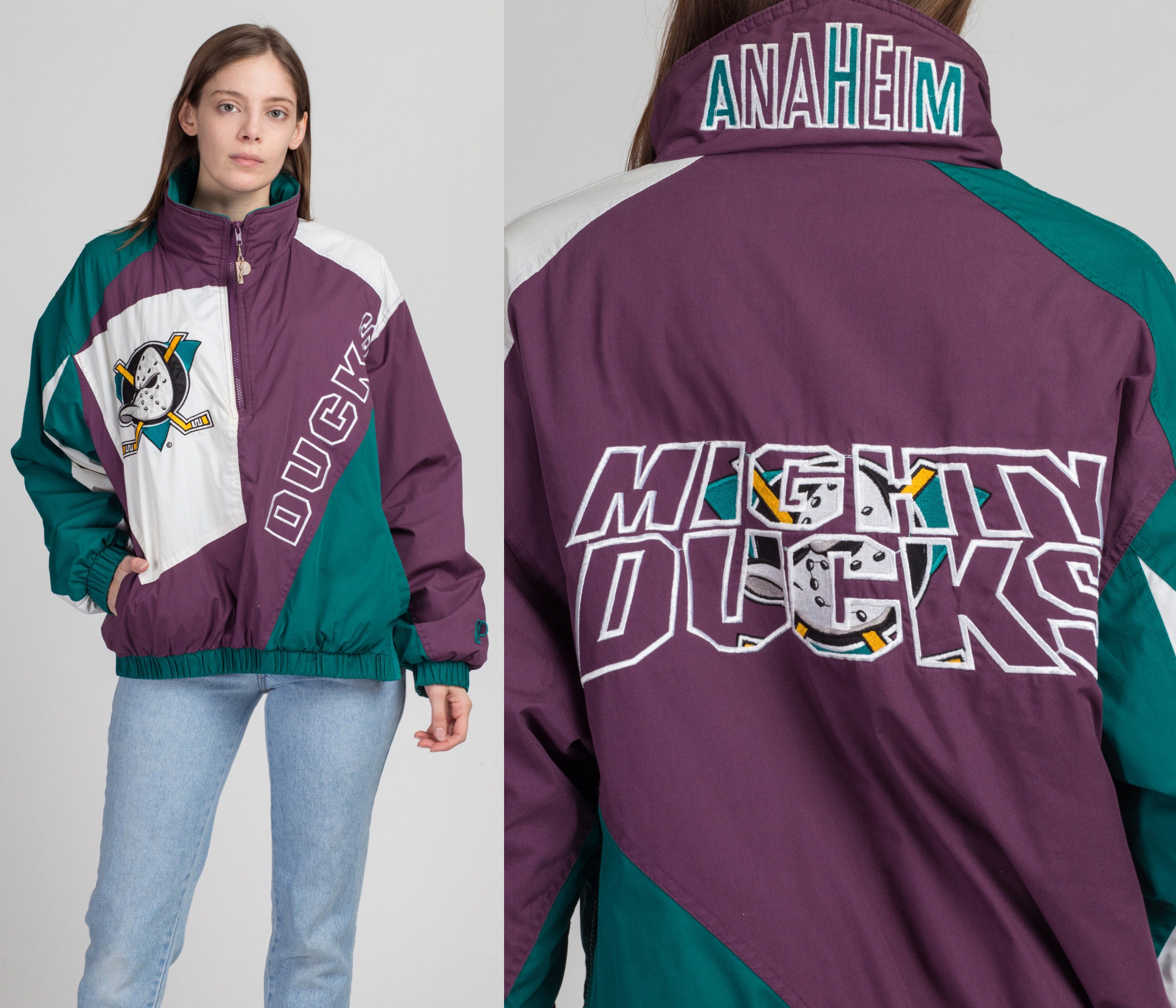 90s Vintage Logo Athletic MIGHTY DUCKS Wool Leather Varsity Bomber Jacket  Hockey