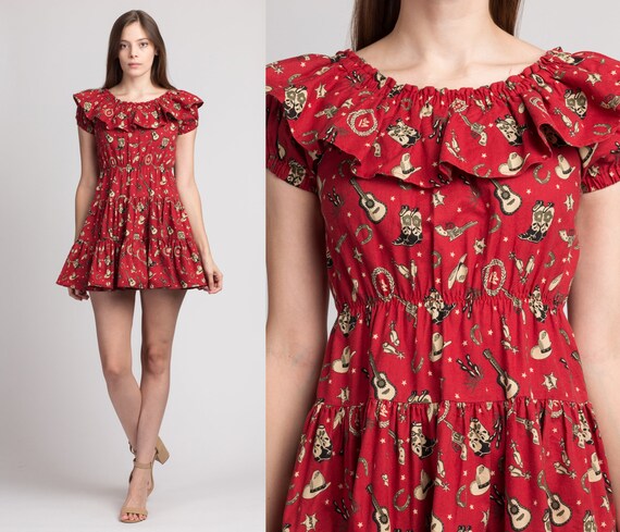 Vintage Red Cowgirl Print Fit & Flare Mini Dress -