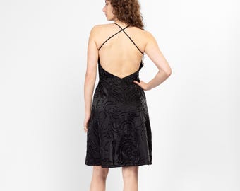 Y2K Black Beaded Strappy Backless Party Dress - Petite Medium | Vintage Square Neck Midi Fit & Flare Little Black Dress