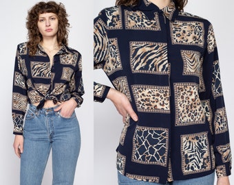 Medium 90s Animal Print Picture Frame Blouse | Vintage Navy Blue Long Sleeve Collared Button Up Top