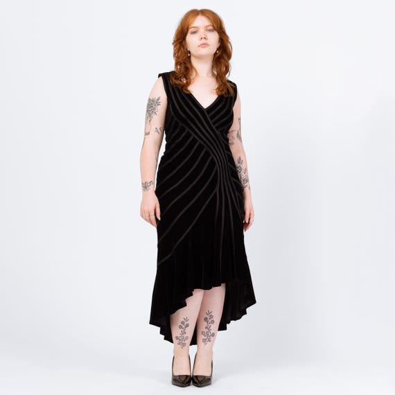Vintage 90s Tadashi Black Velvet Ribbon Trim Mermaid Dress - Medium |  Designer High Low Hem Maxi Evening Gown
