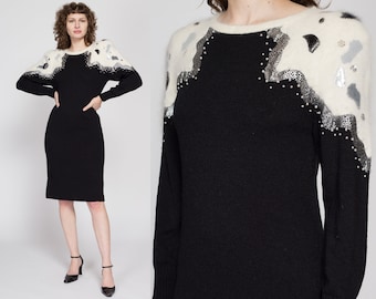 Small 80s Black & White Angora Knit Midi Sweater Dress | Vintage Embellished Long Sleeve Shoulder Pad Dress