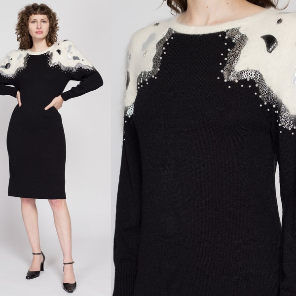 Small 80s Black & White Angora Knit Midi Sweater Dress | Vintage Embellished Long Sleeve Shoulder Pad Dress