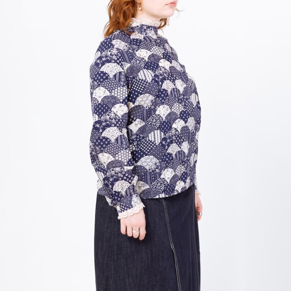 Vintage 70s Fish Scale Patchwork Print Blouse - L… - image 4
