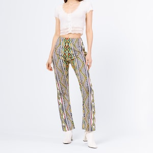 Vintage Y2K Psychedelic Geometric Print Pants - Extra Small, 24&quot;-25” Waist | Boho High Waisted Bootcut Kente Cloth Trousers