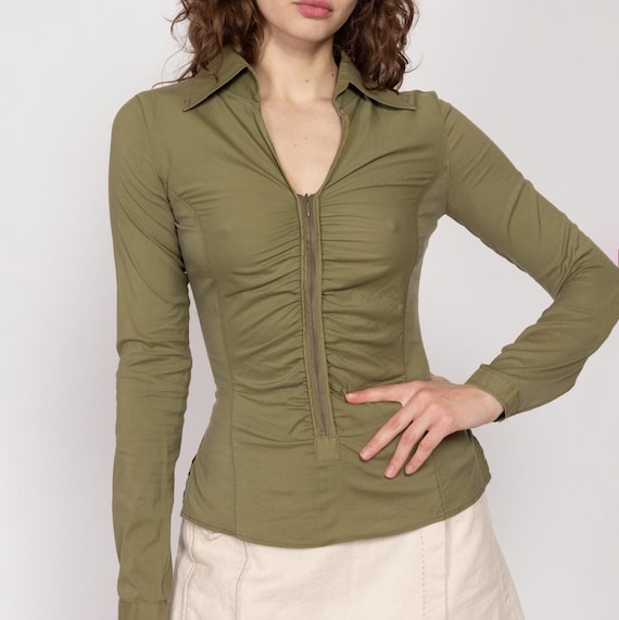 Small Y2K Army Green Ruched Long Sleeve Top | Vintage Boho V Neck Zip Front  Fitted Collared Blouse - Etsy