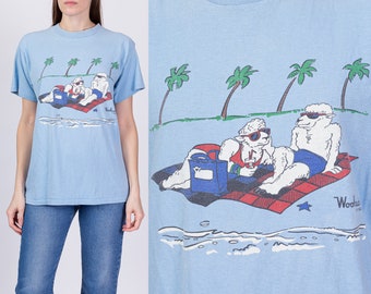 80s Woolrich Sheep Vacation T Shirt Men's Medium, Women's Large | Vintage Blue Funny Animal Graphic Tee
