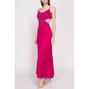 XS 90s Hot Pink Silk Sequin Showgirl Evening Gown As Is Vintage Backless Cutout Sleeveless Formal Maxi Dress image 4