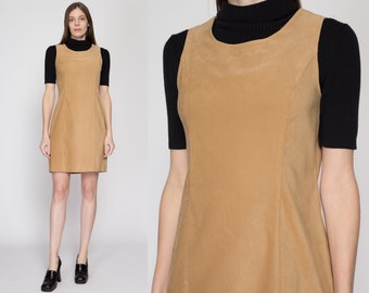 Medium 90s Minimalist Tan Faux Suede Sleeveless Mini Dress | Vintage Scoop Neck Tank Sheath Dress