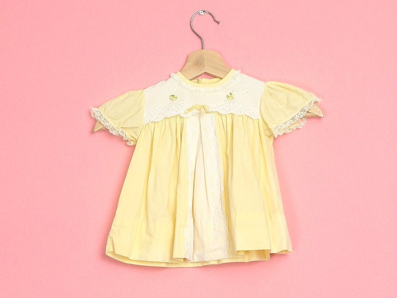 9-12 Months Vintage 60s Yellow Lace Trim Baby Girl Dress