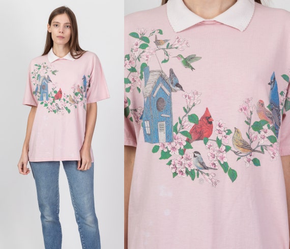 Large 90s Pink Birdhouse Collared T Shirt | Vinta… - image 1