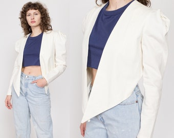 Medium 90s White Structured High Low Blazer Top | Vintage Open Fit Puff Sleeve Cropped Jacket