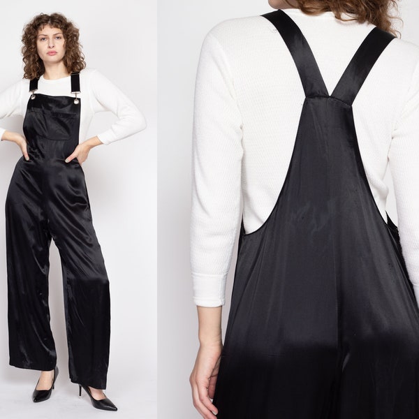 Medium 90s Black Liquid Satin Overalls | Vintage Minimalist Grunge Straight Leg Overall Pants