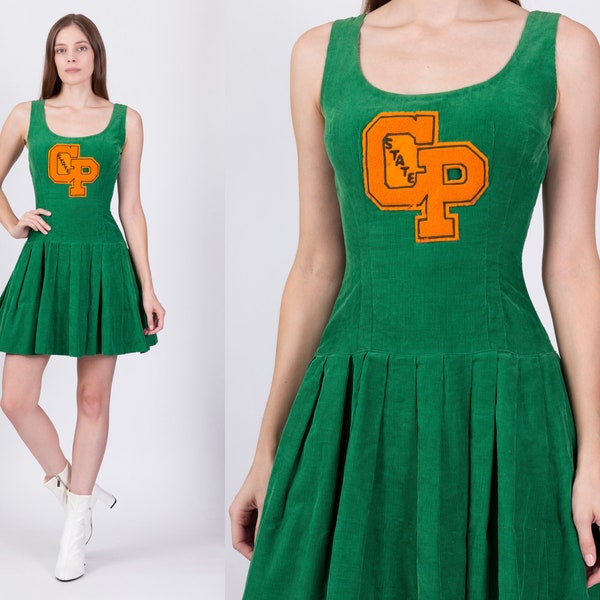 XS Vintage 1960s vestido de animadora / 60s verde pana Varsity Majorette uniforme mini vestido