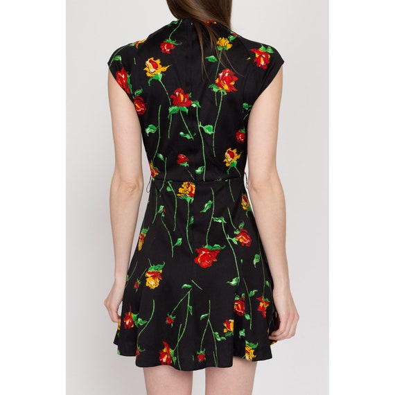 XS 70s Black Rose Floral Print Mini Dress | Boho … - image 5