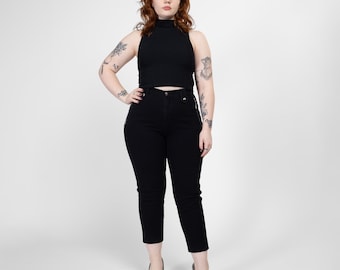 Pantalones vaqueros ajustados góticos occidentales negros Y2K medianos / Pantalones elásticos de cintura alta con pernera cónica y bolsillo con cremallera vintage