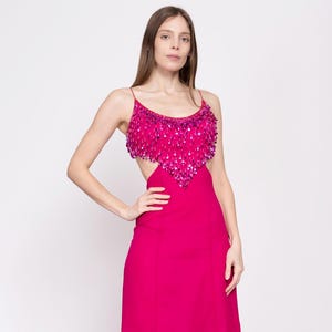 90s Hot Pink Silk Sequin Showgirl Evening Gown, As Is - XS | Vintage Backless Cutout Sleeveless Formal Maxi Dress
