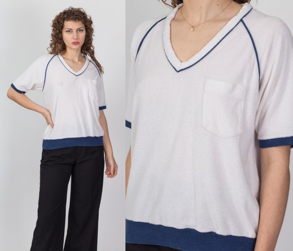 Lrg-XL 80s White Terrycloth Pocket Shirt Unisex |… - image 1