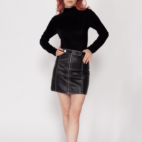 90s Black Leather Zip up Leather Mini Skirt - XXS-XS | Vintage