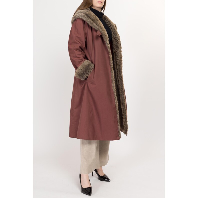 Medium 70s Mauve Hooded Faux Fur Trim Coat Retro Vintage Penny Lane