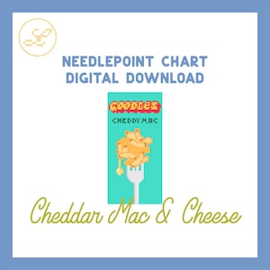 May include: Digital needlepoint chart download featuring a pixelated image of cheddar mac and cheese on a fork. The image includes the text "GOODIES" and "CHEDDY MAC" in a red and yellow font. The words "Needlepoint Chart Digital Download" are also present.