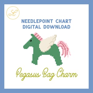 Op de afbeelding: Digitale download van een kruissteekpatroon met een gepixelde groene Pegasus met roze manen en staart, en witte vleugels. De tekst "Needlepoint Chart Digital Download" en "Pegasus Bag Charm" zijn ook afgebeeld.