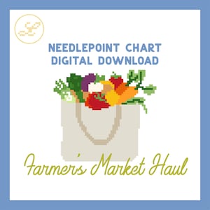 Peut inclure: Téléchargement numérique d'un diagramme de point de croix avec une illustration pixélisée d'un sac fourre-tout rempli de produits colorés. Le texte indique "Needlepoint Chart Digital Download" et "Farmer's Market Haul".
