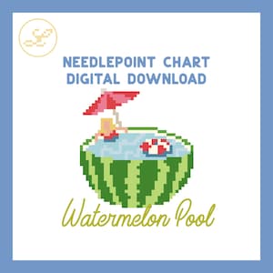 May include: A digital needlepoint chart featuring a pixel art watermelon shaped swimming pool with a red umbrella, a person inside, and a red and white striped float. The text reads NEEDLEPOINT CHART DIGITAL DOWNLOAD and Watermelon Pool.