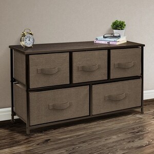 Drawer Vertical Dresser with Wood Top & Fabric Pull Drawers, Stylish Mid Century, Handcrafted Furniture for Any Bedroom or Living Space