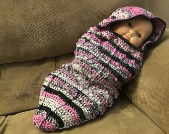 Crochet Baby Cocoon: Pink, Black & Grey, 0-3 Months