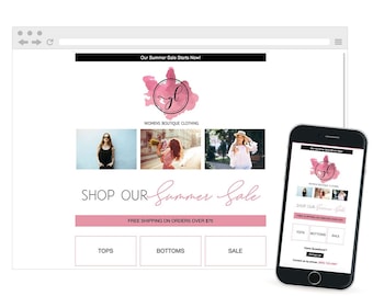 Könnte beinhalten: Website-Screenshot, das einen Sommerschlussverkauf für Damenbekleidung aus einer Boutique zeigt. Die Website zeigt ein rosafarbenes Aquarell-Logo mit den Initialen "gl" und ein Banner mit der Aufschrift "Unser Sommerschlussverkauf beginnt jetzt!" Die Website enthält außerdem einen Call-to-Action zum "Shop Our Summer Sale" mit kostenlosem Versand für Bestellungen über 75 €. Die Website hat drei Schaltflächen: Tops, Bottoms und Sale.