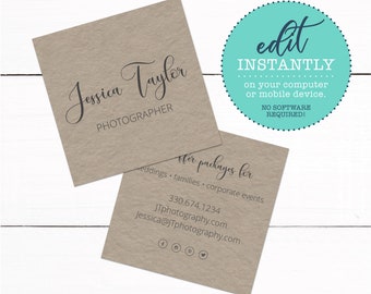 Kraft Square Business Cards - Rustic Business Cards - Square Business Cards - Photographer Business Cards - Wedding Planner Business Cards